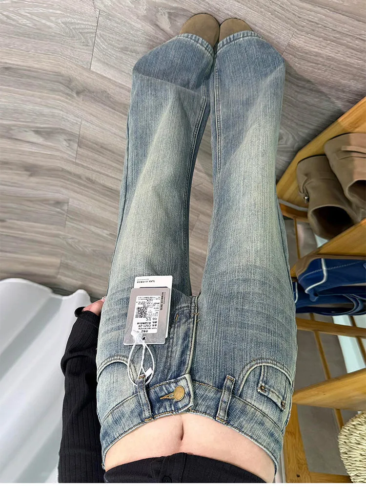 American Style High Waist Bell Bottom Denim Jeans Women's Vintage Washed Loose Fit Slimming Non-Stretchy Spring Summer