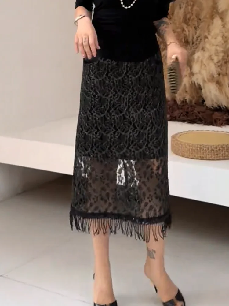 

Женская юбка Ele Bla с кружевом, средней длины, прямого кроя, с разрезом, в корейском стиле, больших размеров, для повседневной носки