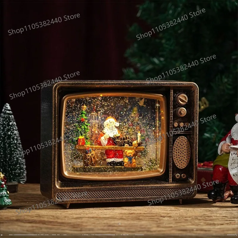 Christmas TV Shape Snow Globe Musical Box, Glittering Water Lantern with Snowfall Effect, Festive Holiday Ornament Gift.