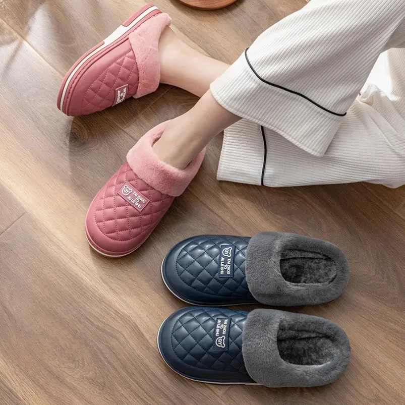 Home Slipper Frauen Gitter Fuzzy Winter warmes Fell Plüsch Indoor faul weiblich thermisch pelzigen Zimmer Haus Schuh flach Flip Flop Männer männlich