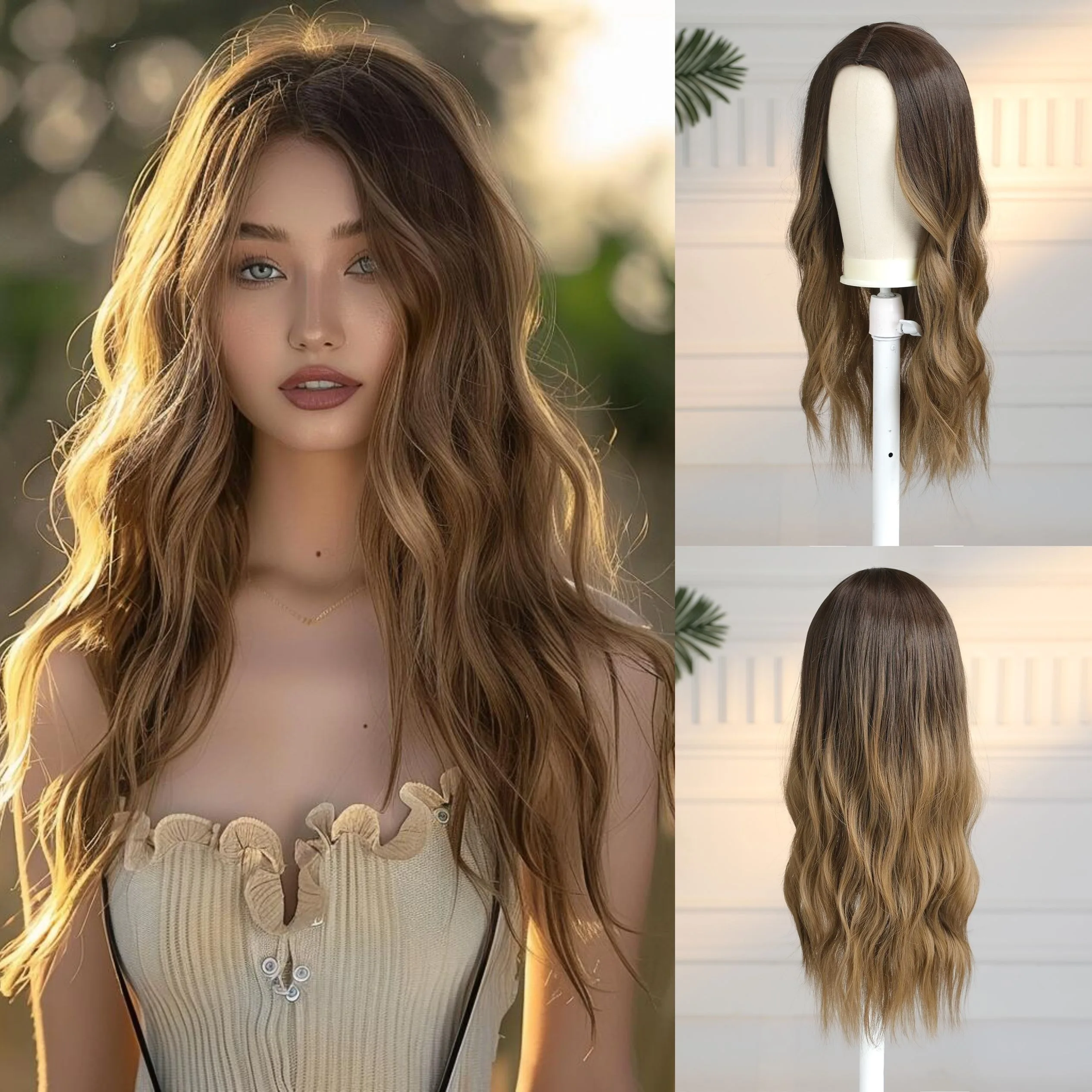 

28-дюймовый синтетический элегантный волнистый женский парик, градиентный коричневый, высокотемпературное волокно, свободные и вьющиеся, шапочка из розовой сетки, 100% плотность