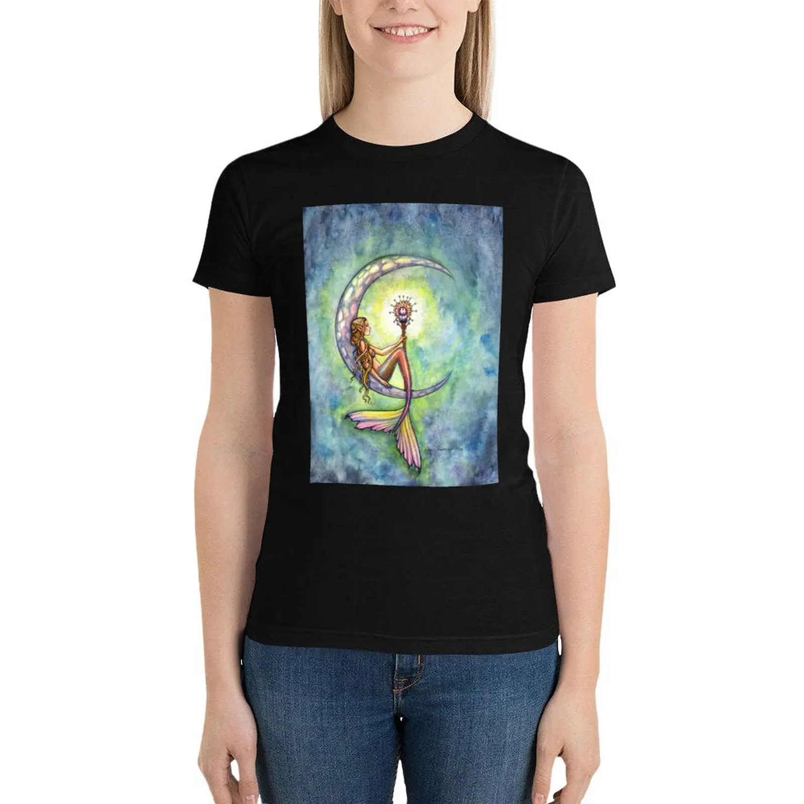 Mermaid Moon Mermaid Art by Molly Harrison T-Shirt funny plus size tops Woman fashion