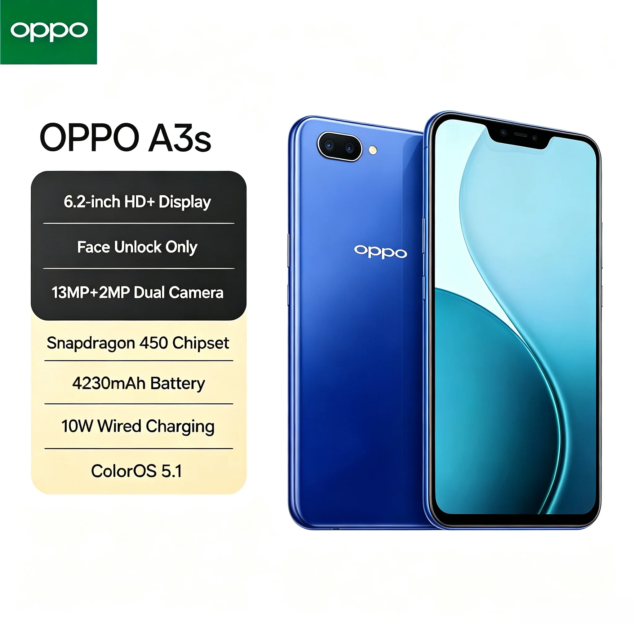 2026New Official OPPOA3s 8+256GB Large Memory Dual SIM 4G Smartphone with AI Dual Camera Helio P35 Chipset 6.2'' HD+ Screen Size