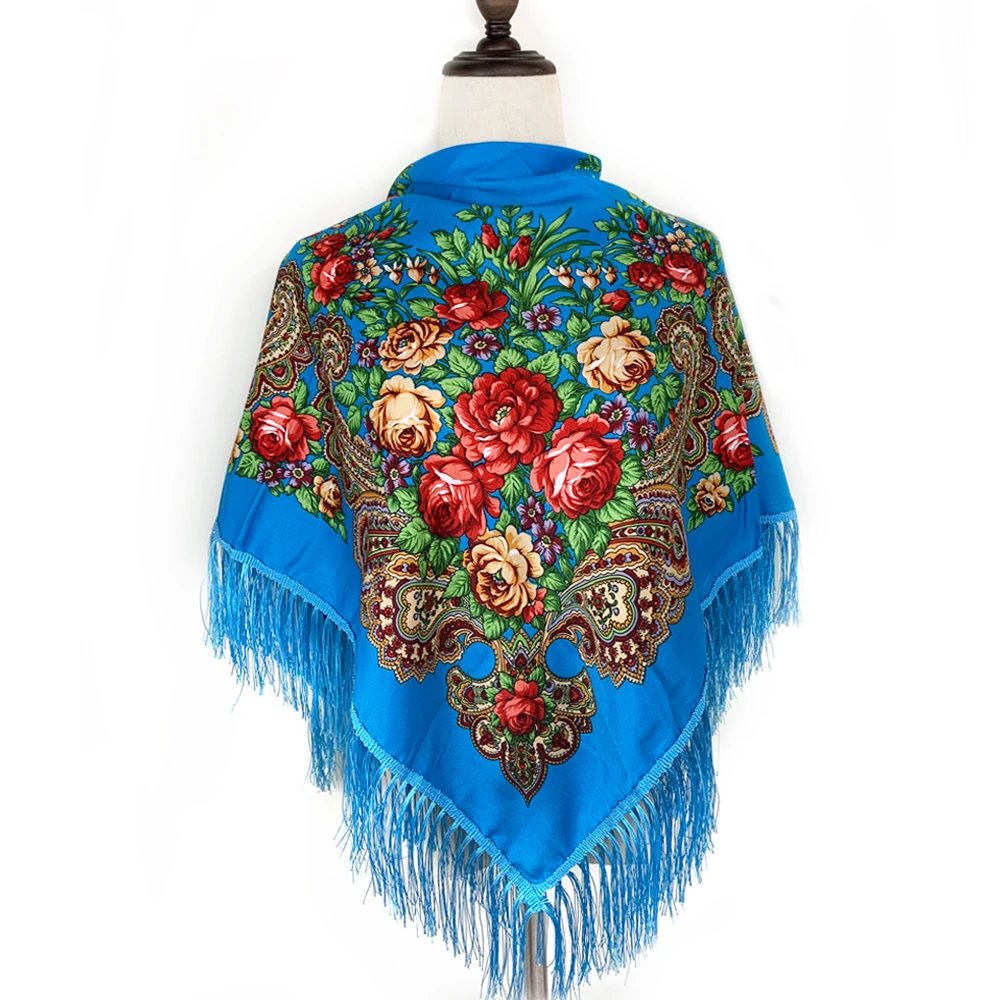 115*115cm Luxury Floral Print Russian Square Scarf Women Traditional Ukrainian Fringed Shawl Bandana Babushka Head Wraps