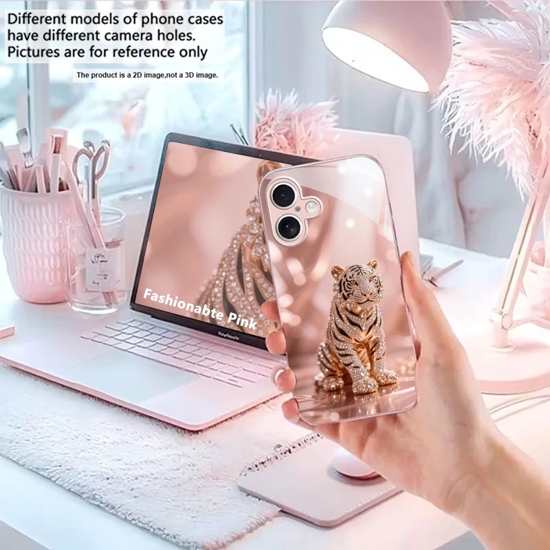 Funda de teléfono de vidrio metálico rosa dorado con diamantes y diseño de tigre para iPhone 11 12 13 14 15 16 17 Pro Max Plus 17Air 16E 7 8 X XsMax