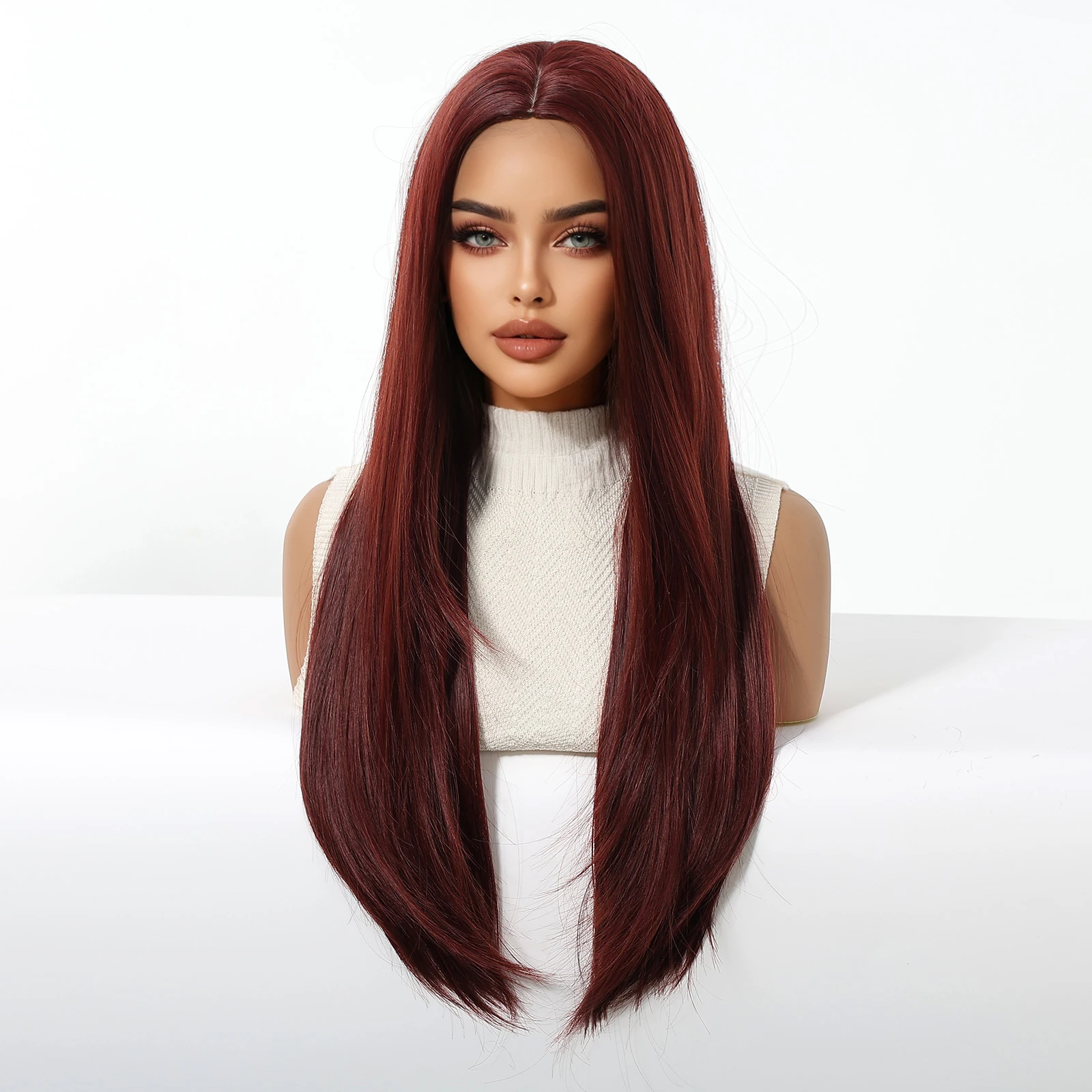 عيد الميلاد طويل مستقيم الباروكات بورجوندي النبيذ الأحمر شعر مستعار اصطناعي الجزء المتوسط الطبقات الشعر للنساء تأثيري حزب استخدام مقاومة للحرارة