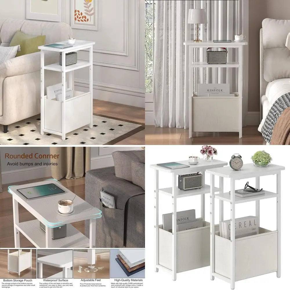 زوج من طاولات جانبية رفيعة مع سلال قماشية، أرفف مدمجة من طبقتين، طاولات ليلية بيضاء لغرفة المعيشة والمكتب