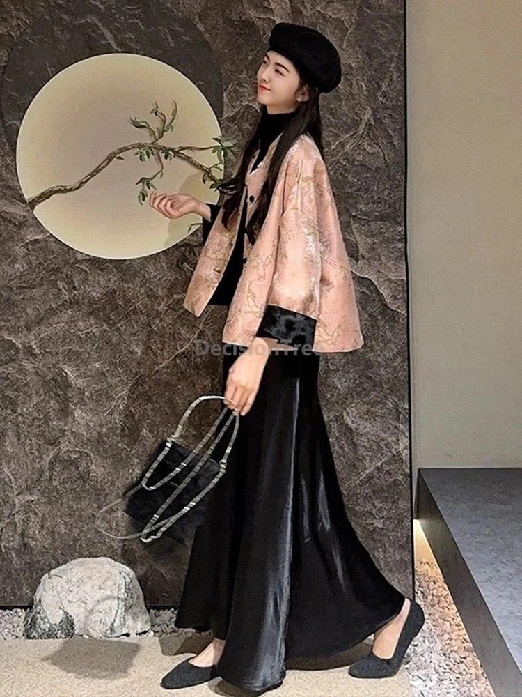 

2025 winter fashionable chinese clothing set advanced sense satin both side wearing 2-piece set elegant daily women's clothes