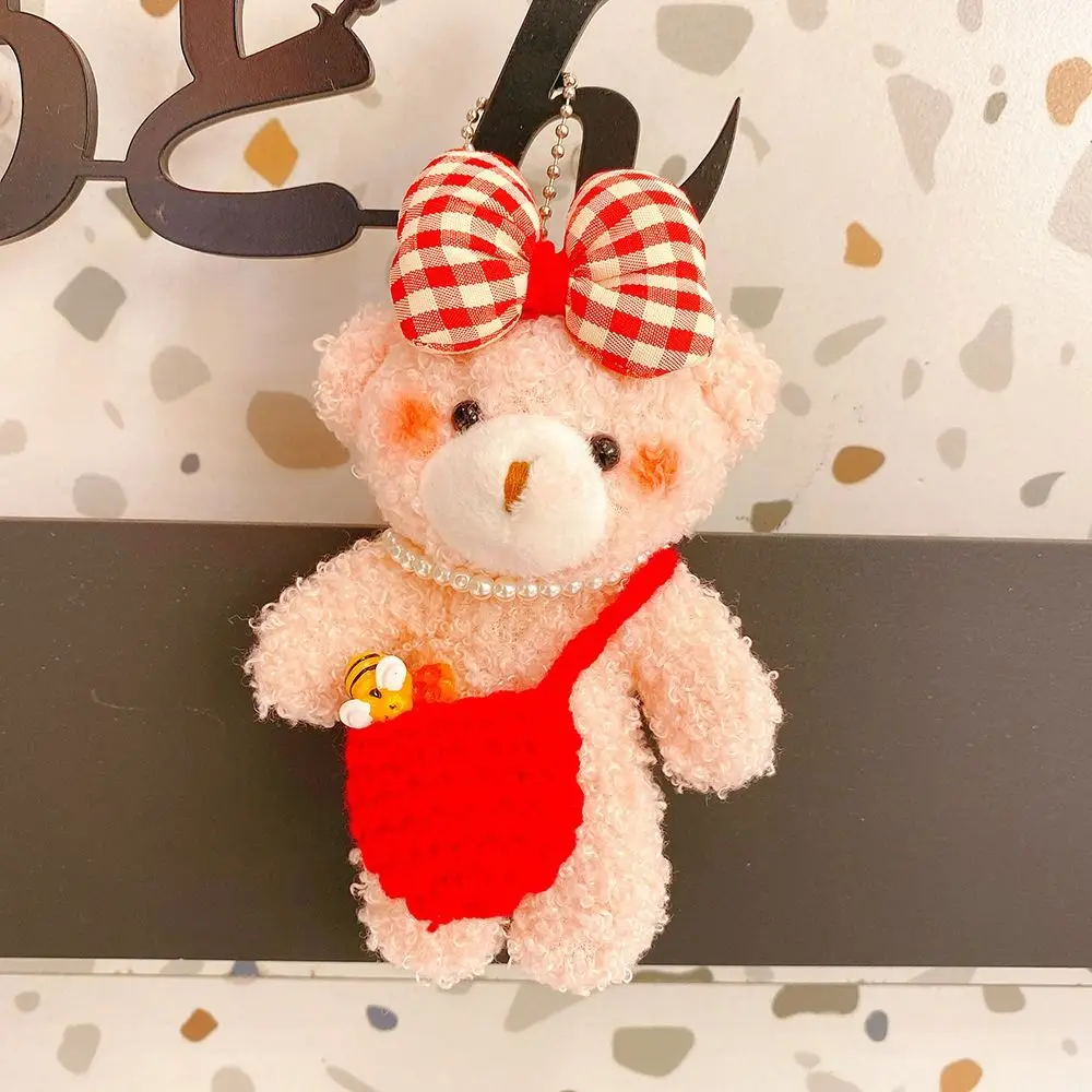 Chaveiro de Urso Peludo com Laço, Acessório de Bolsa, Pingente de Urso de Pelúcia Kawaii, Brinquedo de Urso de Pelúcia Macio de 12cm, Decoração para Mochila