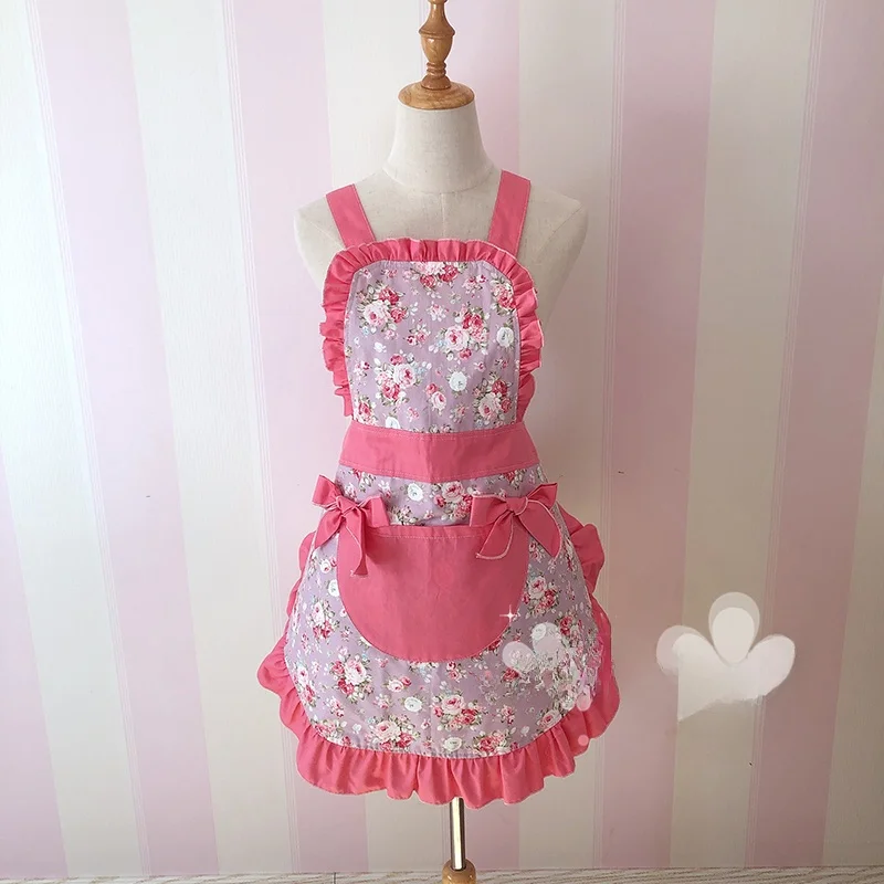

Faionable Korean Sle Pure Cotton Breathable Cooking Apron Cute Princ Country Home Adult Kitchen Apron Cover up