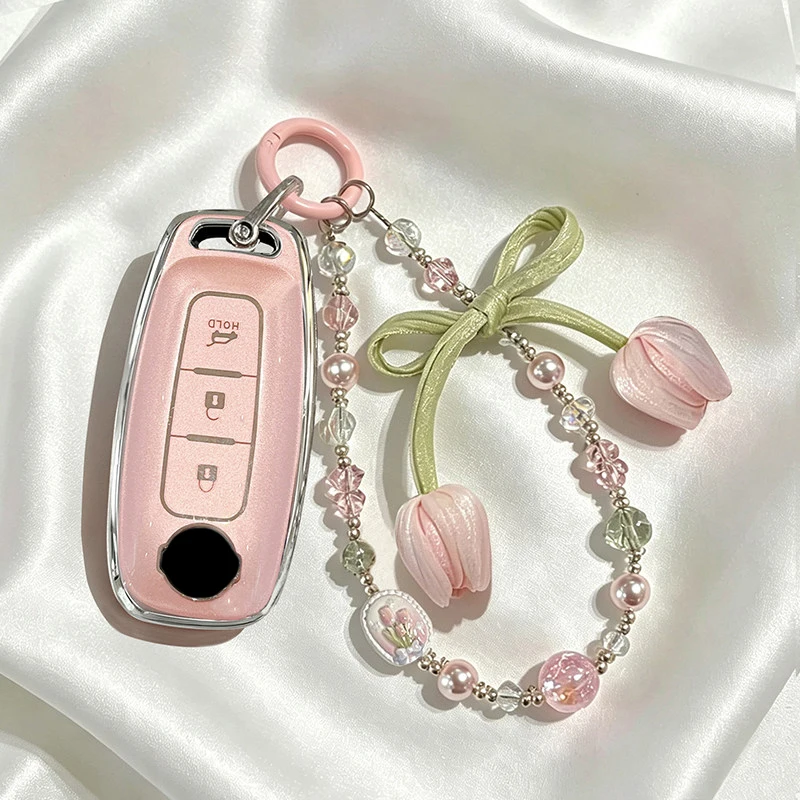 Pink for Nissan Versa X-Trail T33 Serena Rouge Kicks Pathfinder Ariya Rogue 2023 Remote Car Key Case Cover Fob Holder Keychain