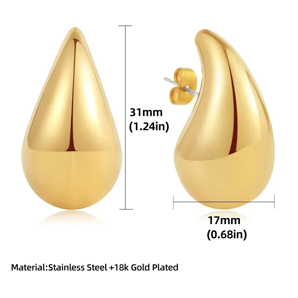 Stainless Steel Big Water Drop Earrings for Women Vintage Glossy Chunky Teardrop Gold Plated Statement Hoops Earrings Jewelry