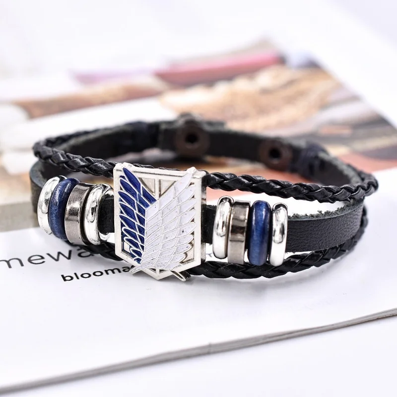 Anime Cartoon Action Attack On Titan - Investigation Corps Logo Bracelet - Leather Weaving Handpiece Boys Birthday Gift