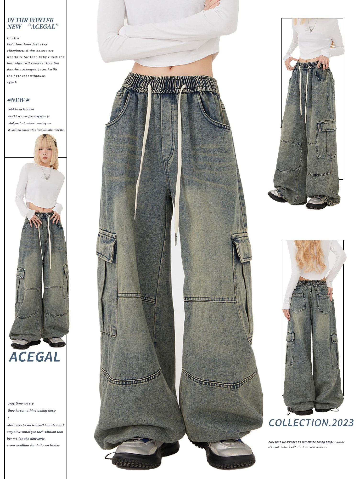 

Women's High Waist Wide Leg Cargo Jeans Light Blue Vintage Washed Drawstring Multi - Pocket Y2K Streetwear Denim Trousers