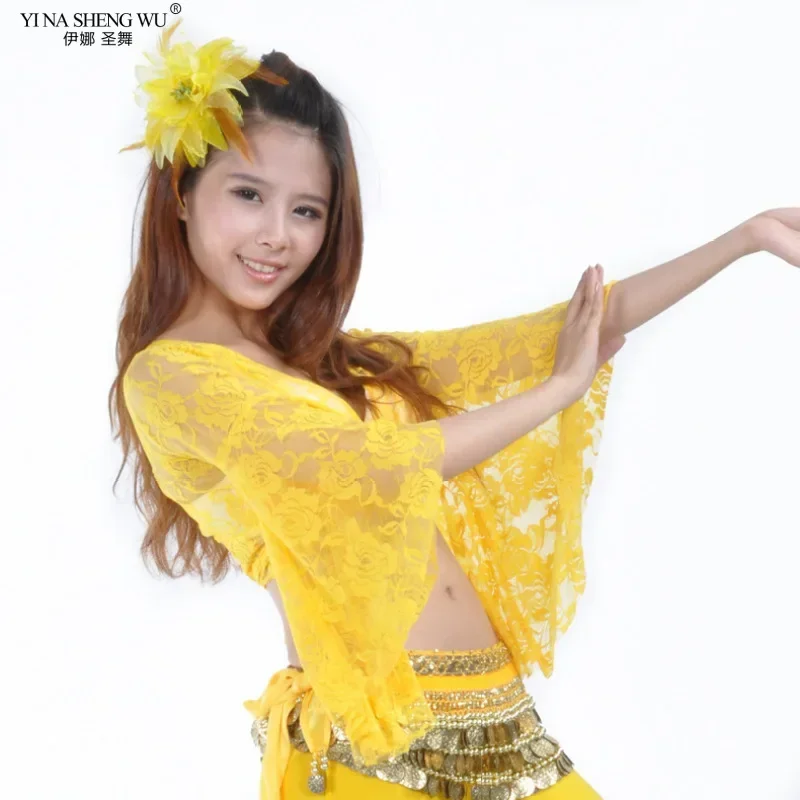 Blusa de renda para dança do ventre, manga borboleta, prática de dança, xale, renda com cadarço para mulheres adultas, manga trompete, blusa de dança quadrada