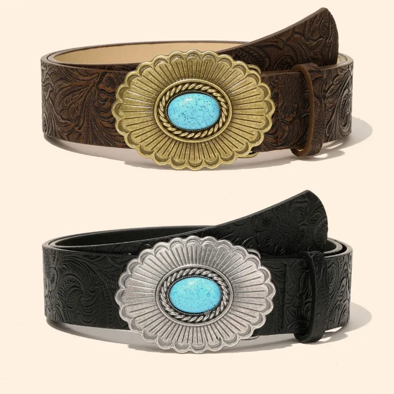 Niche Retro High-End Embossed Leather Belt with Oval Buckle Trendy Textured Belt with Western Cowboy Style for Men and Women