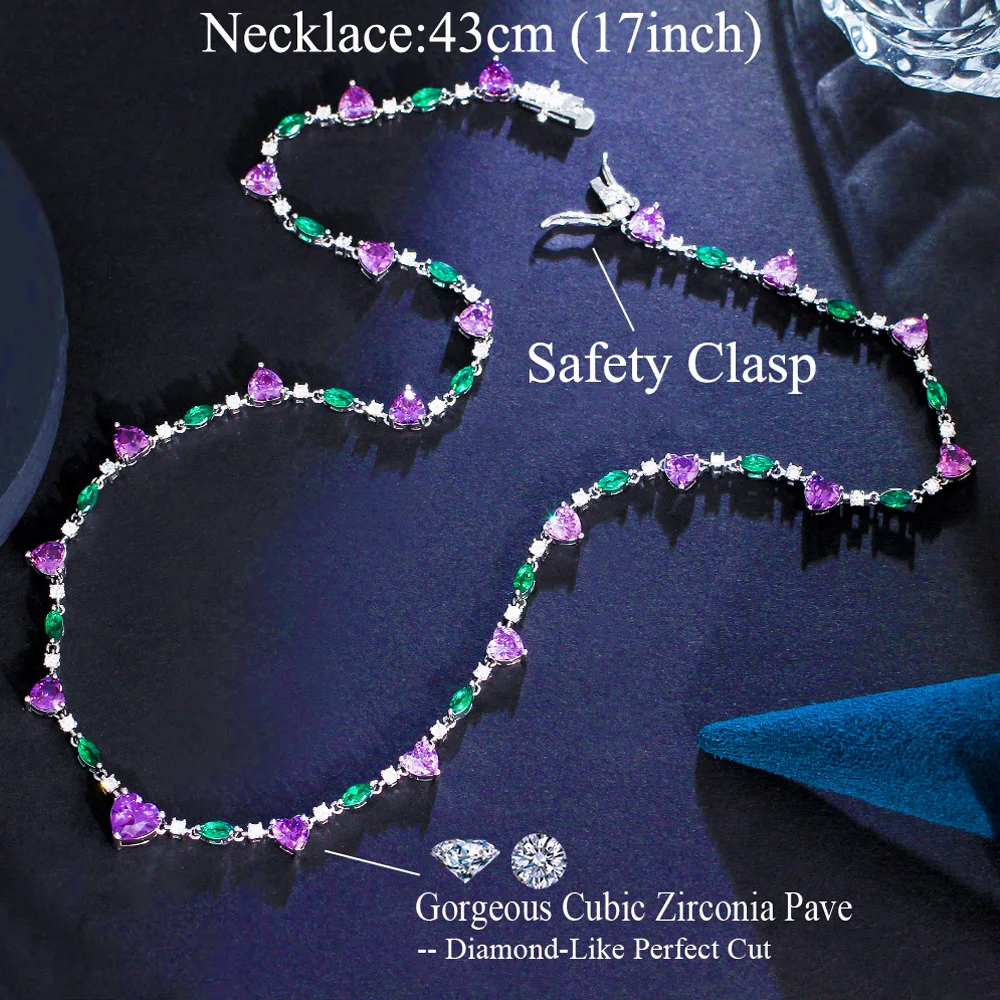 Pera Fashion Silver Color Wear Jewelry CZ Zircon Purple Green Clavicle Chain Heart Necklaces for Women Birthday Party Gift P053