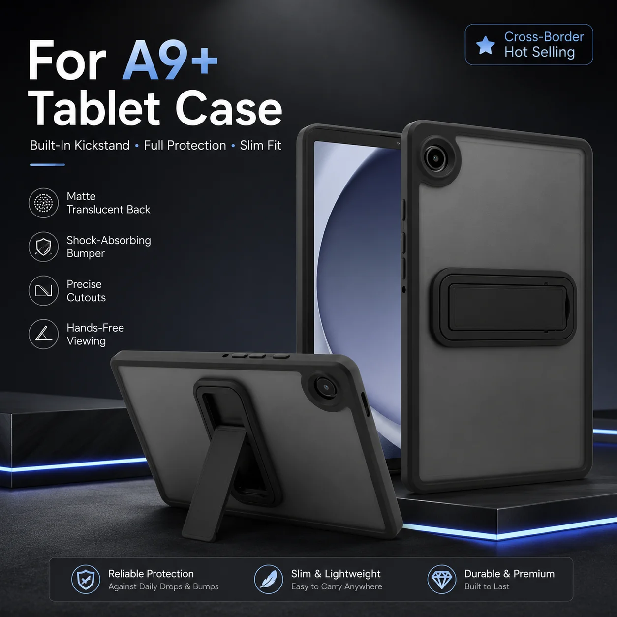for Samsung Galaxy Tab  A11+/A9+ Plus 11 Inch Slim Clear Case with Kickstand, Shock-Absorbing TPU Frame Transparent PC Back, Protective Lightweight Stylish Thin Tablet Back Cover, Black