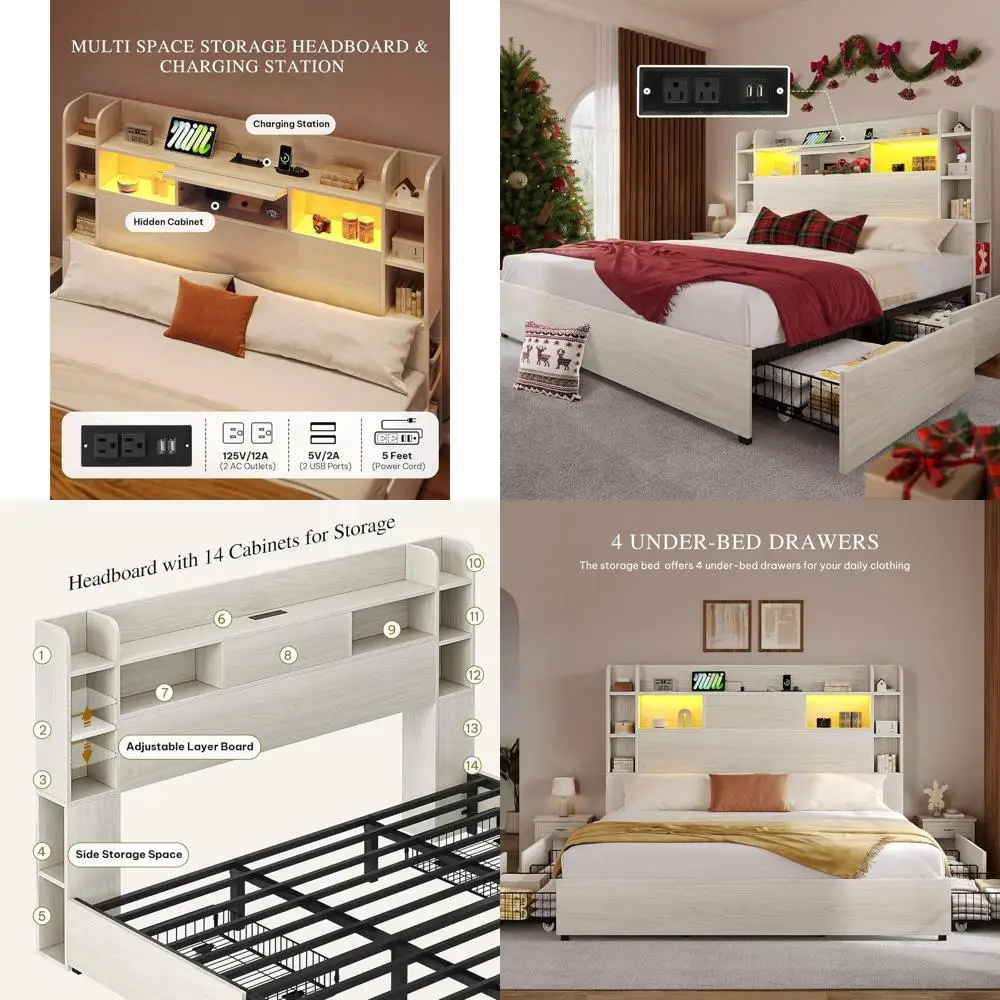 

Антикварная белая кровать размера Queen с изголовьем-книжной полкой, 4 ящиками для хранения, RGB LED-подсветкой, USB-зарядкой, не требует пружинного блока.