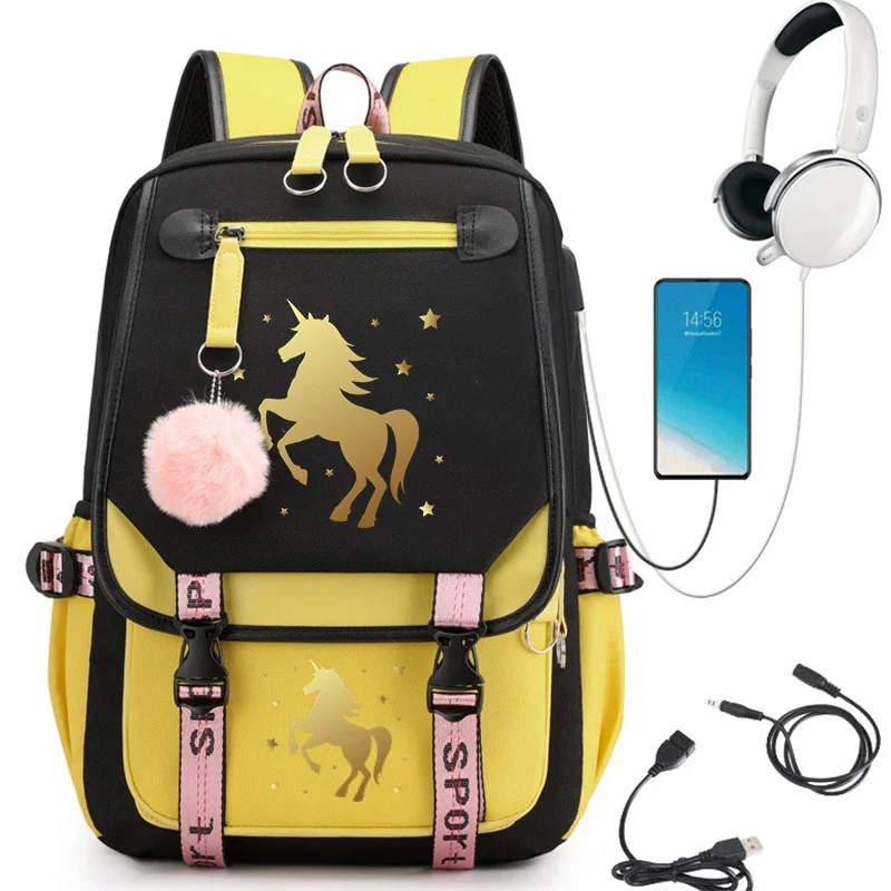 Mochila con diseño de caballo para mujer, morral escolar con carga Usb, bolsa de viaje para adolescentes, bolsa de Anime de dibujos animados