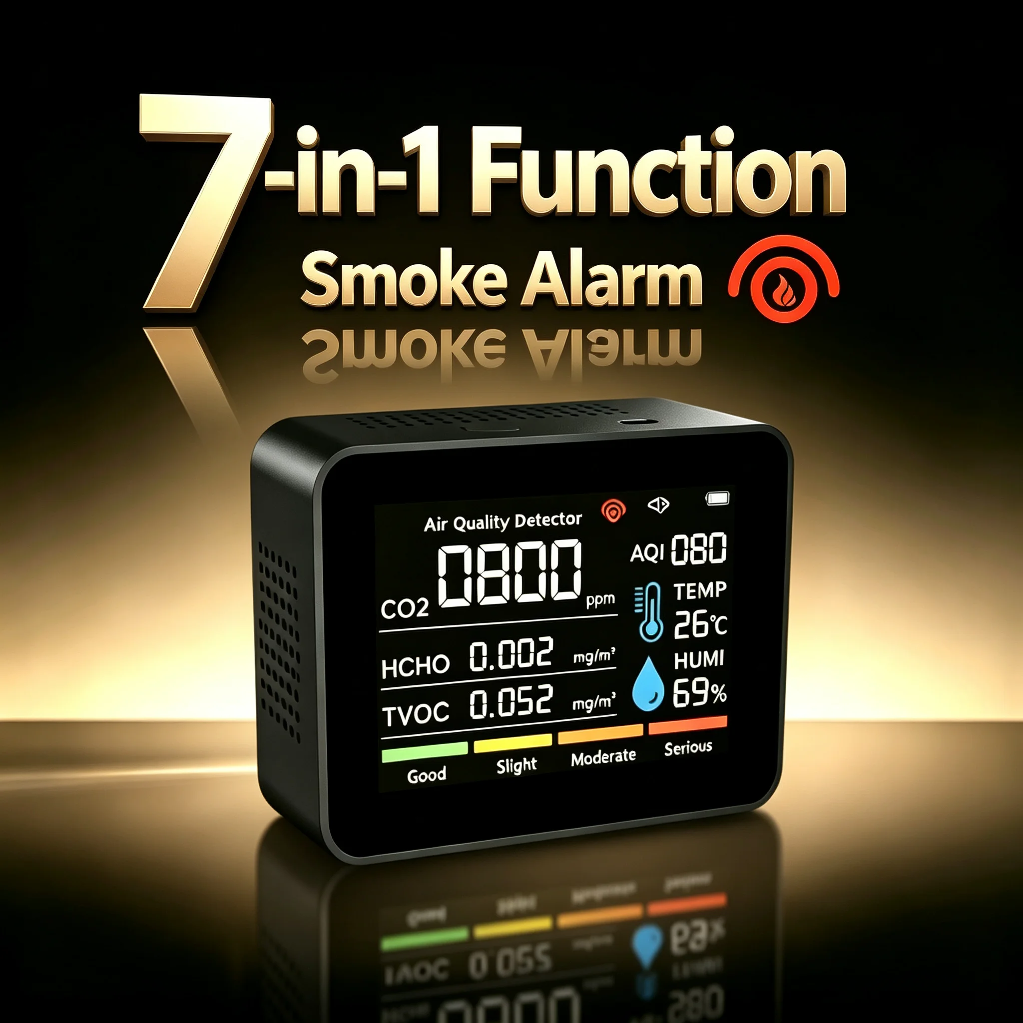 7-in-1 Smoke Alarm, Carbon Dioxide CO2, AIQ Formaldehyde TVOC, Alarm Air Quality Detector