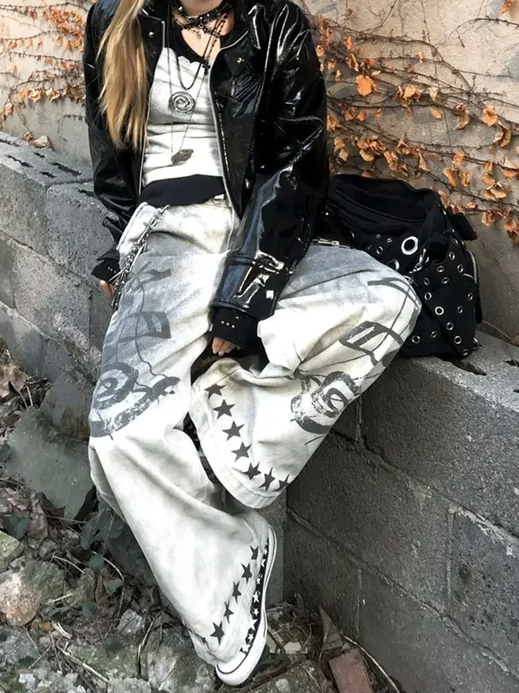 

Wash Dirty Dyed Vintage Jeans women American Retro Graffiti Musical Notes Printed Denim Pants Streetwear Trashy Trousers