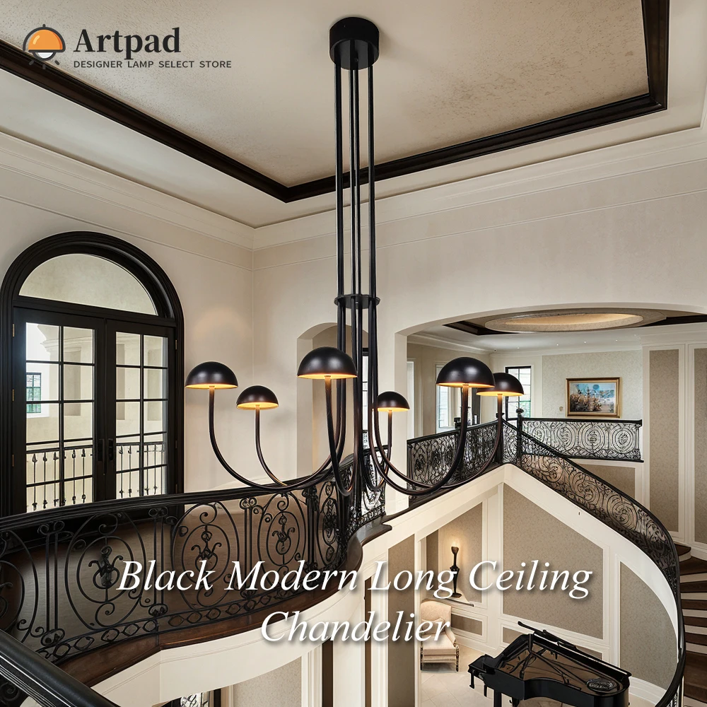 Black Linear Ceiling Light 6-Light Long Iron Arms Fixed LED Modern Chandelier for Kitchen Island Dining Room Hallway