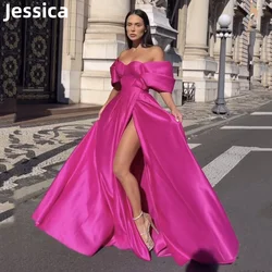 Jessica Hot Pink Prom Dresses Sexy Off-the-shoulder Satin Evening Dress Formal Occasions Elegant Lady Wedding Party Dress