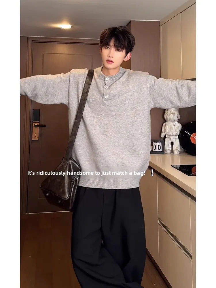 

ay Henry Collar Sweater Men's Autumn Winter American Retro Heavy Lazy Sle Design Loose Base irt for Casual Youth