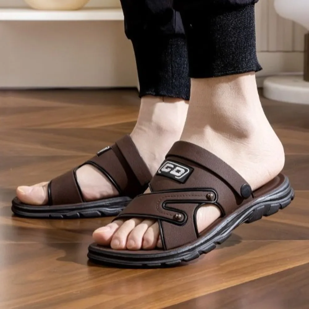 

Soft Solid Thick Soled Slippers PU Leather Anti Slip Slides Sandals Men Beachwear Shoes Ankle Buckles Sandals Summer