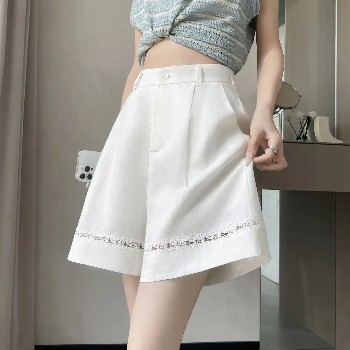 Summer Women A-Line Shorts 2026 New Woman Wide-leg Casual Shorts Female Hollow-out Lace Blazer Shorts Korean Style Loose Shorts