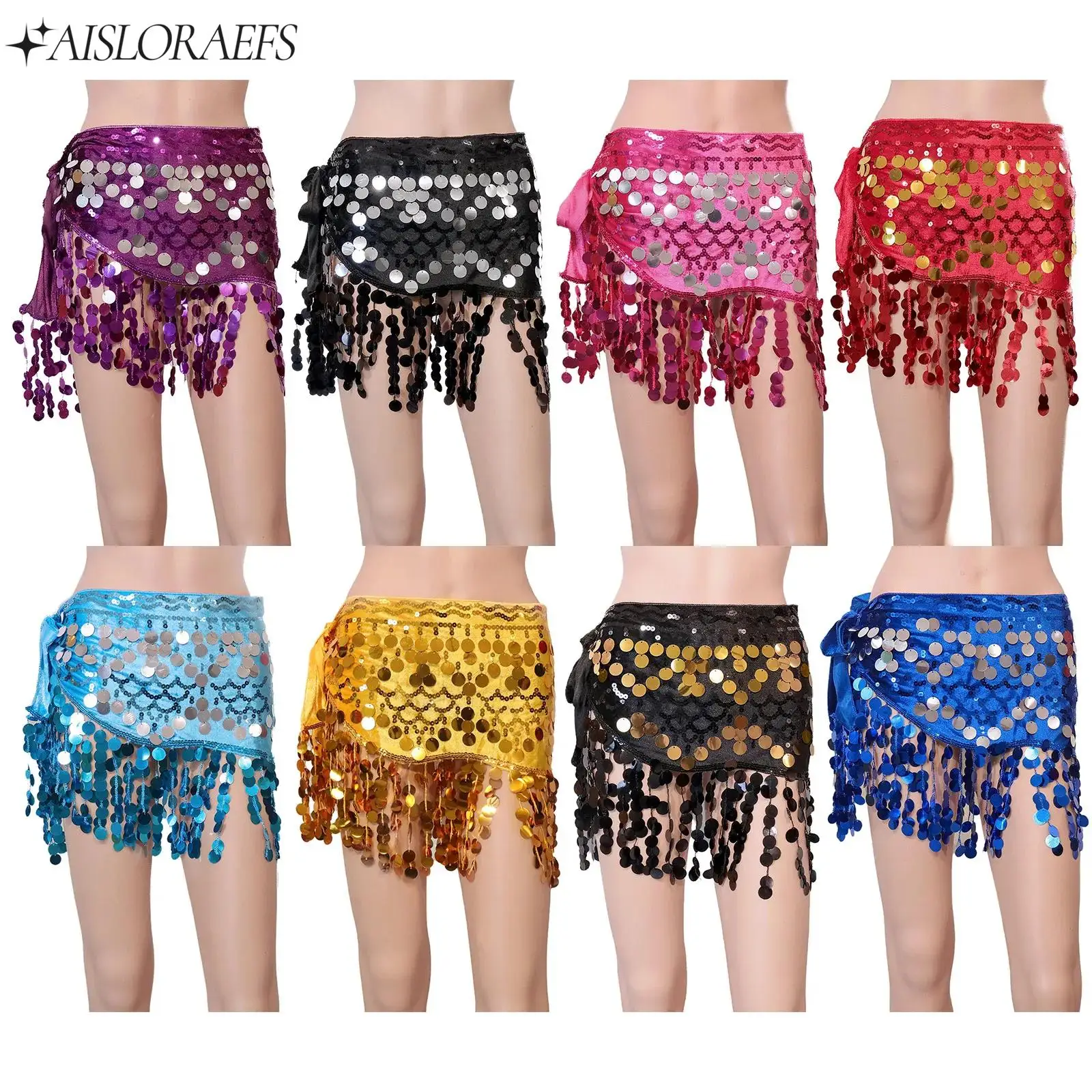 

Belly Dance Hip Scarf Womens Round Sequin Tassel Lace-up Waist Skirt Hip Wrap Dancewear for Dance Class Stage Performance Party