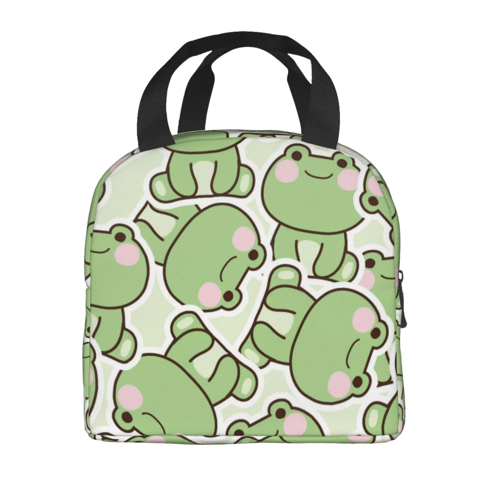 Cute Cartoon Frog Sticker Print Insulated Lunch Bag, Portable Thermal Cooler Handbag for Work Picnic Travel