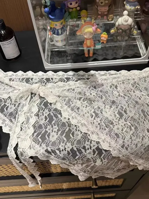 

Lace Trim Belted Skirt Women's Denim Shorts Scarf Silk Scarf Waist Seal Layering mid Waist A-Line Short Skirt