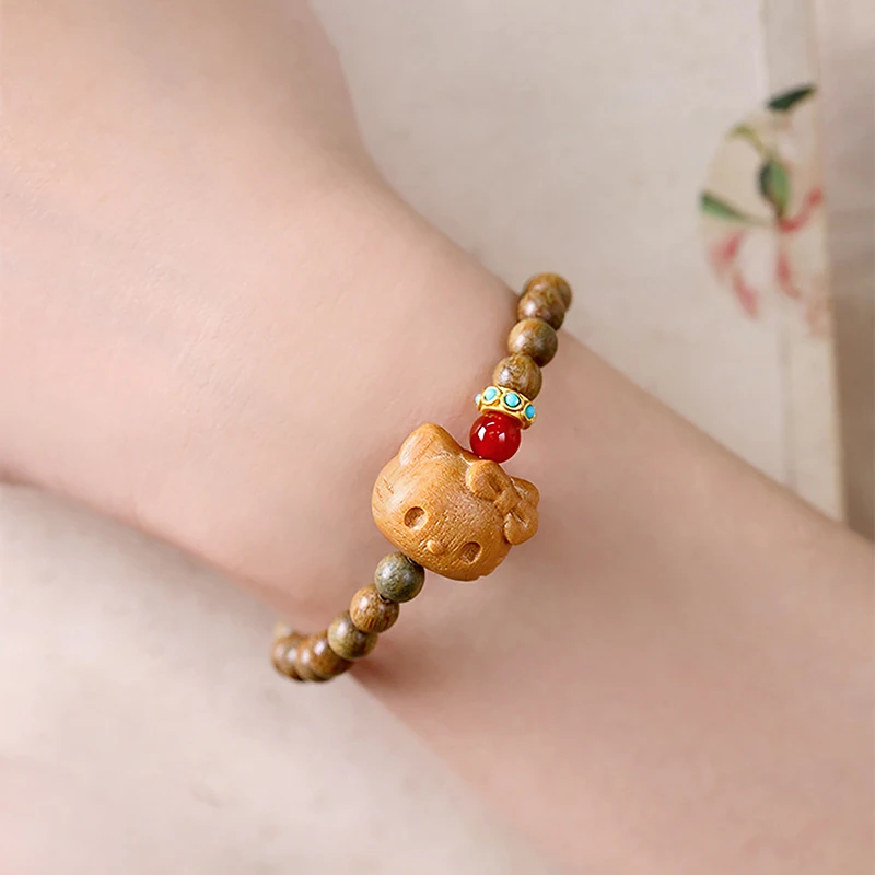 Natural Sandalwood Rosary Cat Beaded Bracelet For Women Sandalwood Carving Anime Hello Kitty Cat Bracelet Fashion Fine Jewelry