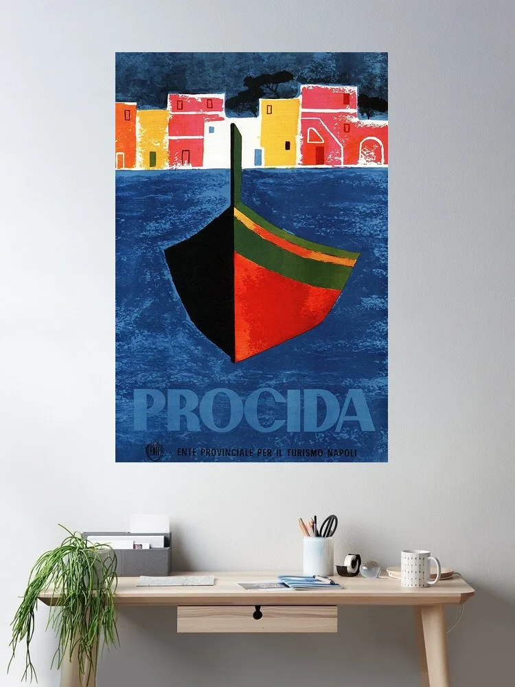 Napoli Turismo Naples Tourism Italy Procida Ocean Boat Town Vintage Travel Cool, Art Picture Print Canvas Poster Home Wall Decor