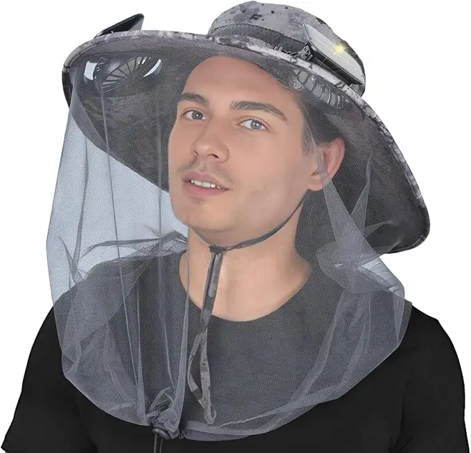 扇風機付きつば広サンハット-蚊帳付きソーラーパワーファンハット、男性用屋外・釣り用冷却ハット