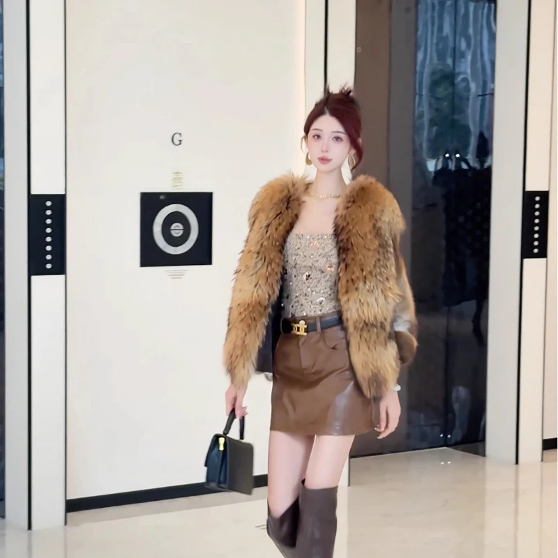 YOLANFAIRY الخريف والشتاء استيراد الراكون الفراء طوق فرو المنك معطف المنك كامل الخامس الرقبة الخفافيش الأكمام العتيقة الفراء سترة شوهبات 2025