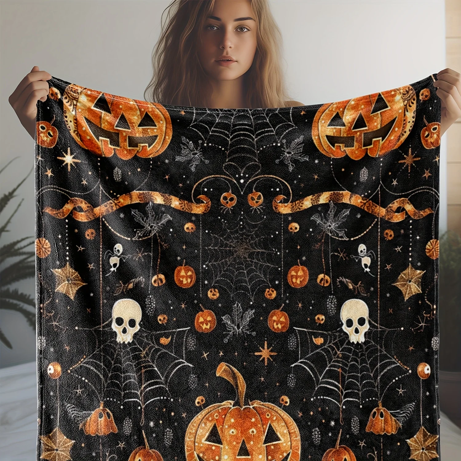 

Halloween Flannel Blanket Pumpkin & Spider Web Print, Soft Warm Cozy Throw for Couch, Bed, Camping, Travel