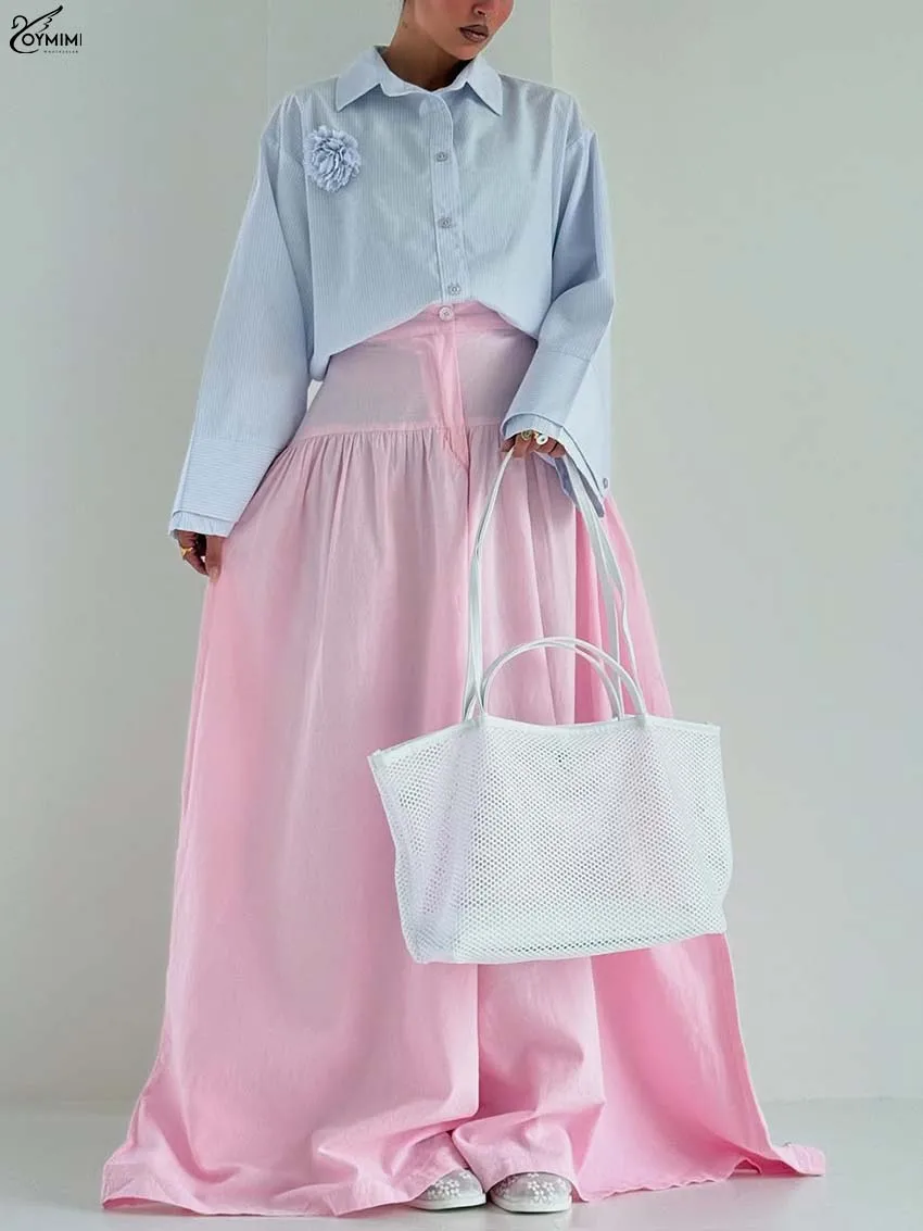 

Oymimi Fashion Pink Loose Women's Pants Elegant High Waisted Zipper Button Trousers Casual New Cotton Wide Leg Pants Streetwear