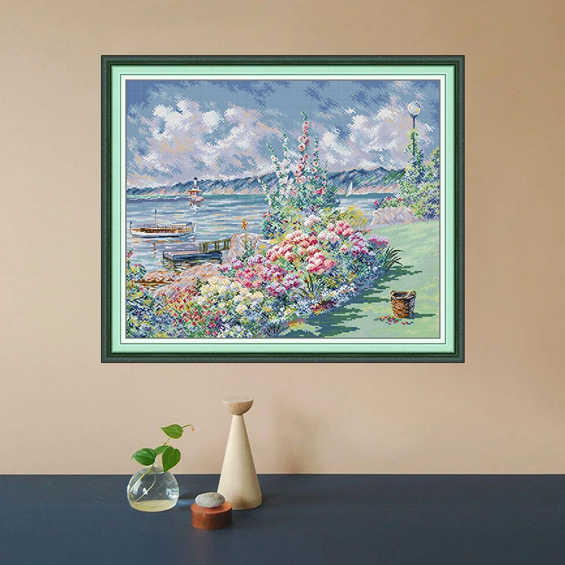 Joy Sunday Flower Coast Printed Water-Soluble Canvas 16CT 14CT 11CT Cross Stitch Complete Kit DIY Embroidery DMC Threads