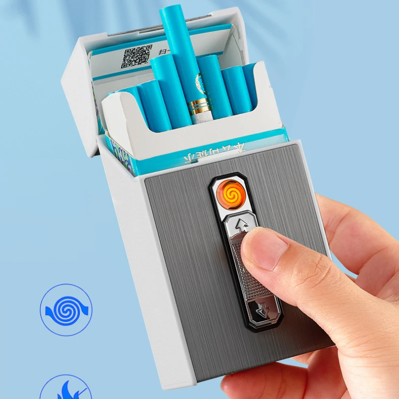USB перезаряжаемая зажигалка, металлический портсигар, 20 шт., ветрозащитная прикуриватель, вольфрамовая проволока, зажигалка, гаджеты для мужчин