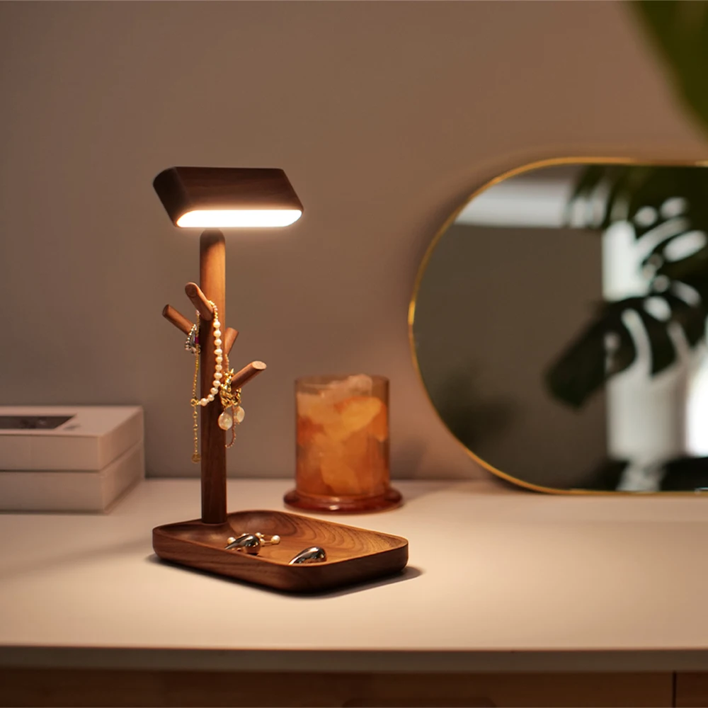 Nordic Wood LED Desk Lamp Branches Storage Tray Dimmable Black Walnut Table Lamp 360° Rotation Jewelry Storage Shelf for Bedroom