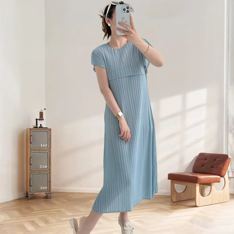 

Miyake Pleated Dress 2025 Summer New Commuter Round Neck Sleeveless Splicing Pleat Dresses Women Casual Comfortable Long Dresses