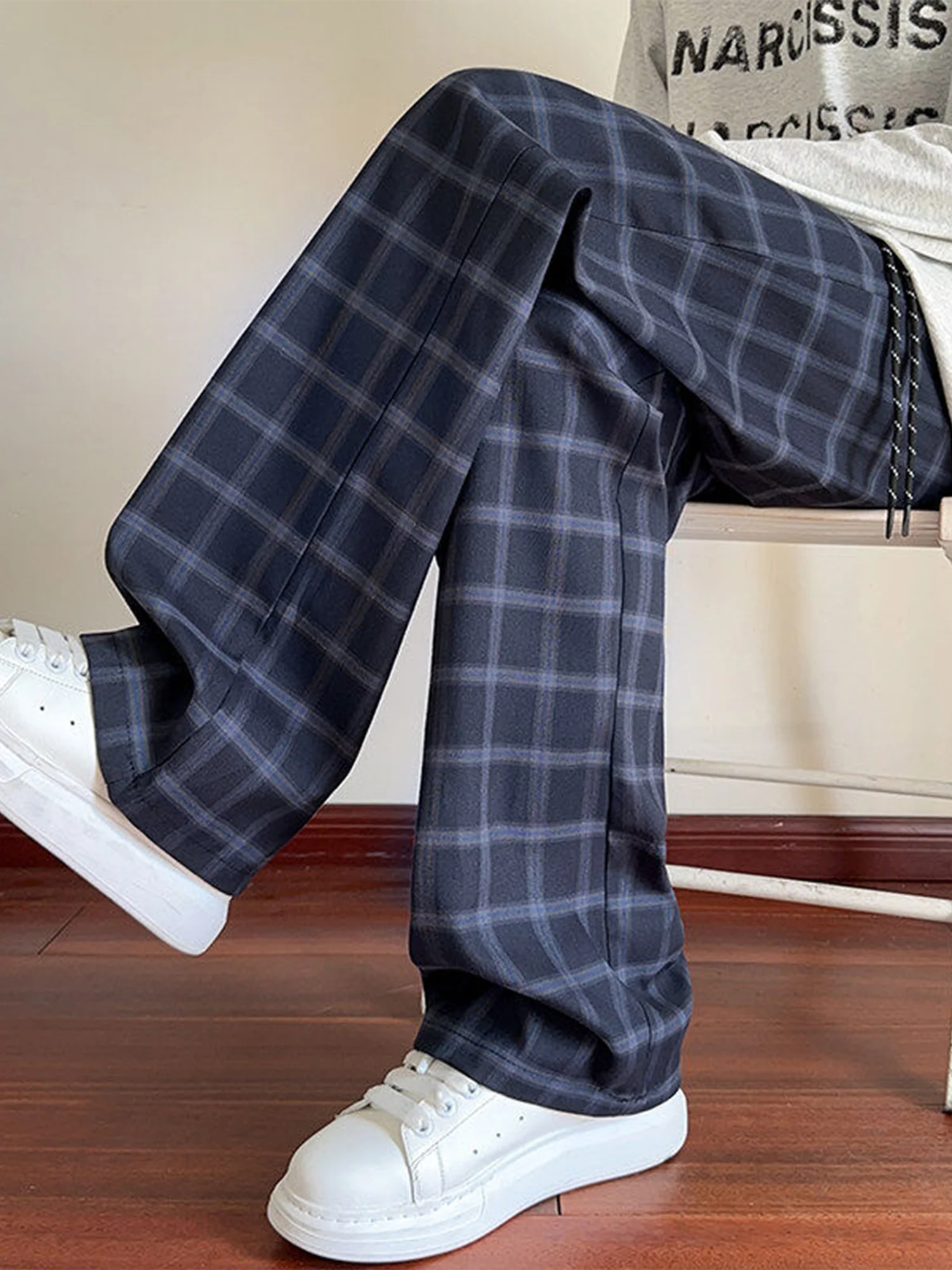 

American Retro Plaid Pants Men's Lazy Sle Loose Wide Leg Knife Pants Summer Thin Straight Casual Long Trousers