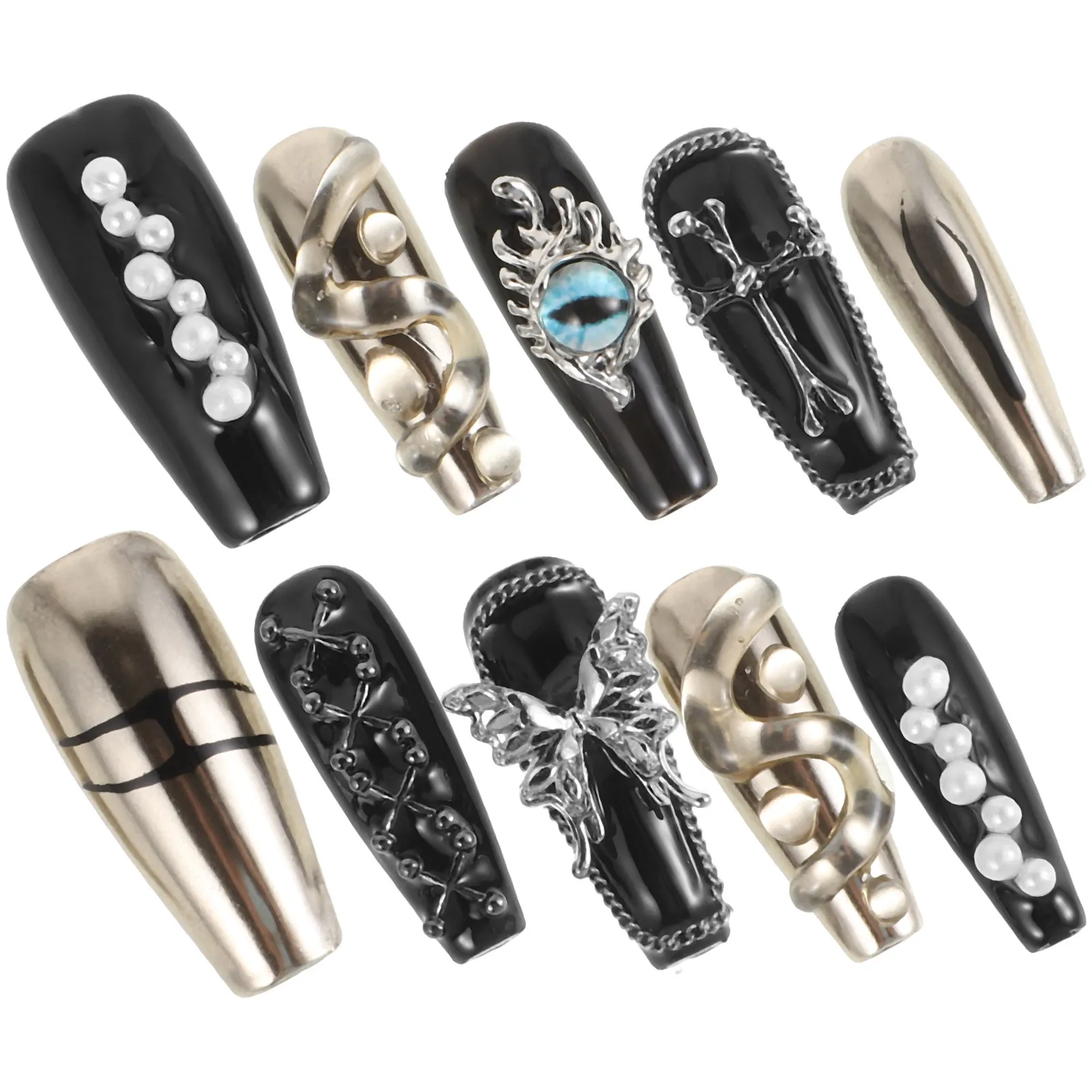 

10Pcs Full Cover Black False Nails Press on Coffin Gothic Cross Butterfly Stick on Nails Long Halloween Spooky Nail Art