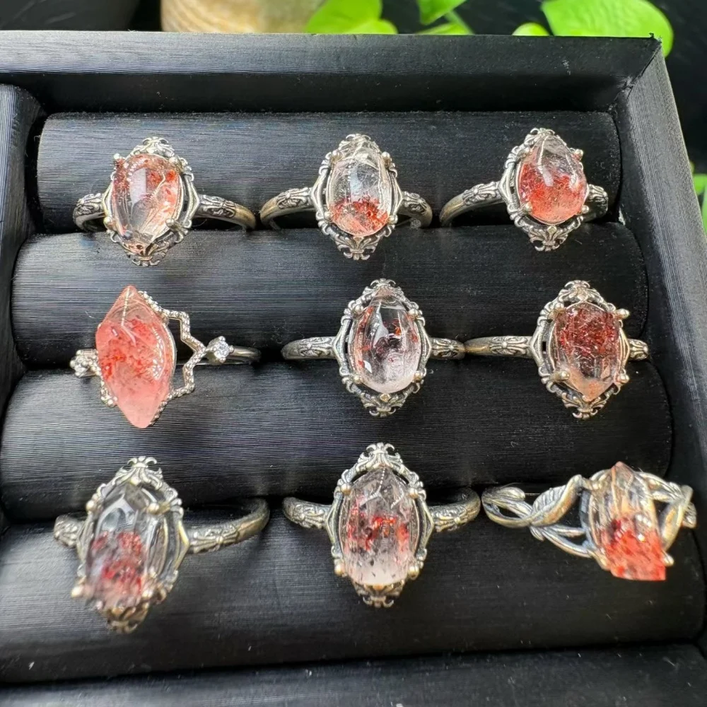 Natural Golden Strawberry Quartz Crystal Ring for Women Fashion Healing Jewelry Stylish Accessory Sweet Gift 1pc