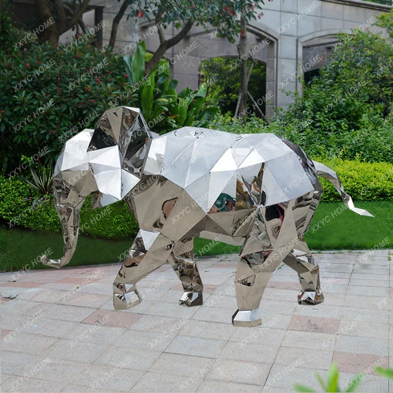 Elephant Sculpture Abstract Geometric Mirror Elephant Floor Ornaments Community Park Forest Sales Office Decoration