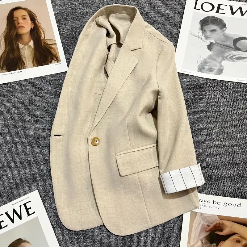 Spring Autumn New Casual Apricot Cuff Stripe Blazer Women Fashion One Button Long Sleeve Suit Jacket Loose Female Outwear W246