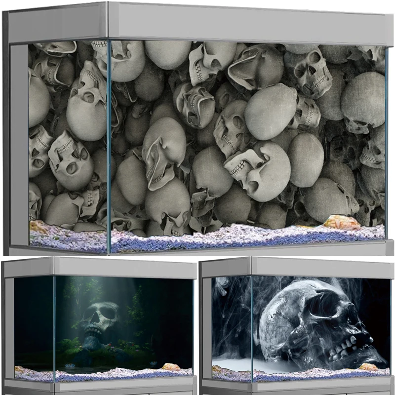 

3D Horror Skull Fish Tank Background Sticker Skeleton Pile Aquarium Decal Self-adhesive Removable Home Fish Tank Decor
